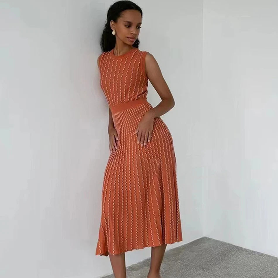 2024 New Listing Elegant Striped Knit Dress Women O-neck Sleeveless A-line Dresses Club Evening Party Midi Vestido