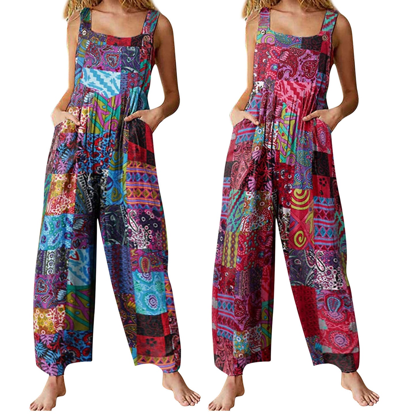 Women Ethnic Style Jumpsuits Summer Overalls Multicolor Square Neck Sleeveless Casual Rompers with Pockets for Girls Playsuit
