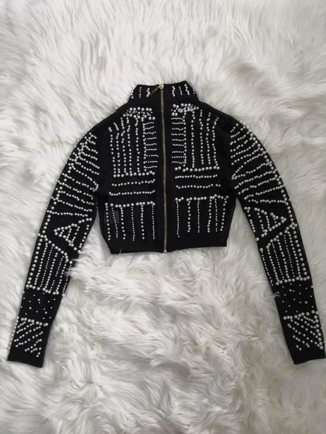 Black Pearls Beading Two Pieces Set Rayon Bandage Set Club Party Fashion Outfit Black Top