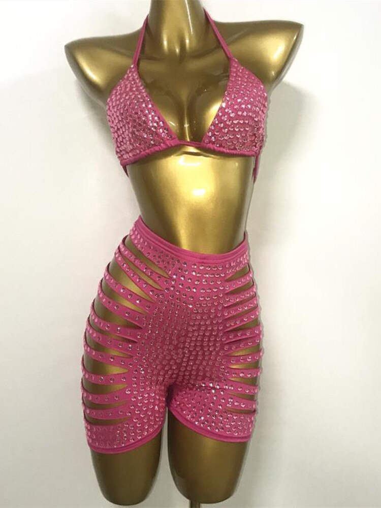 Shining Rhinestones Bra Hole Hollow Shorts Set Women Pink Crystal Bikini High Waist Pants Outfits Birthday Party Singer Costume