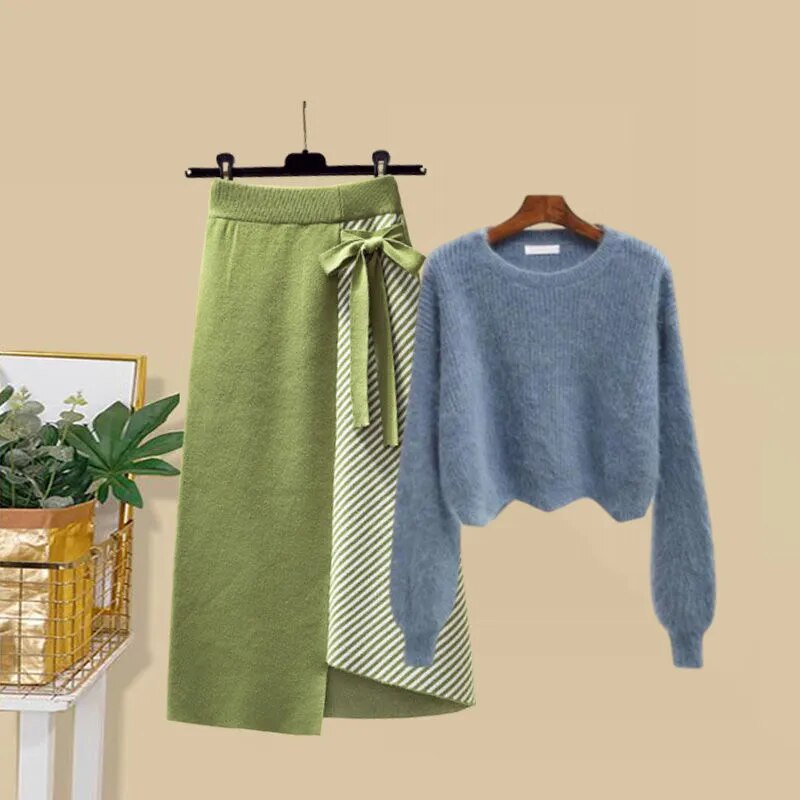 Women Autumn Winter Warm Knitted Two Pieces Sets Korean Long Sleeve Pullover Sweater Top And High Waist Skirts Sets Skirt Two Piece Set 10