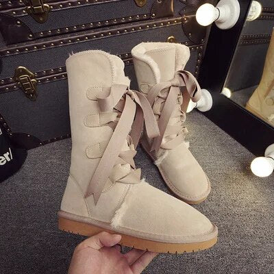 Waterproof High Boots Lace Up 2024 Woman Winter Snow Boots Women's Shoes Thick Plush Genuine Leather Winter Women's Snow Boots
