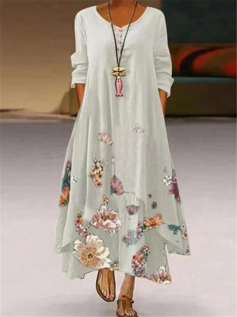 Summer Floral Print Long Sleeve Dresses Women O Neck Buttons Irregular Hem Maxi Dress Loose Plus Size Party Vestidos Long Dress White