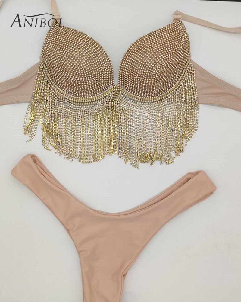 Sexy Women's Swimwear Rhinestone Bikini Crystal Diamond Push Up Swimsuit Tassels Jewelry Bathing Suits Flesh