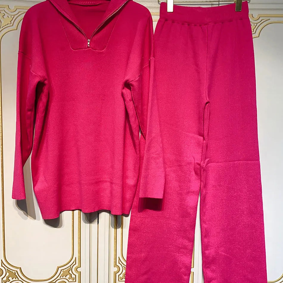 2024 Casual Autumn Loose Knit Sweater Set Fashion Zip Lapel Long Sleeve Pullover Sweater & Straight Pants Two-piece Set Rose Red