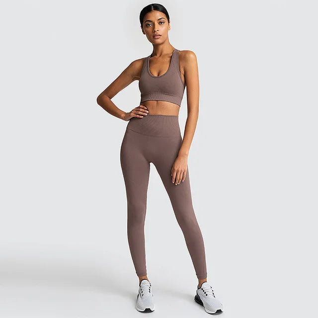 2pcs seamless hyperflex workout sport outfits for women sportswear athletic clothes gym Long Sleeve Crop Top High Waist Leggings brown set