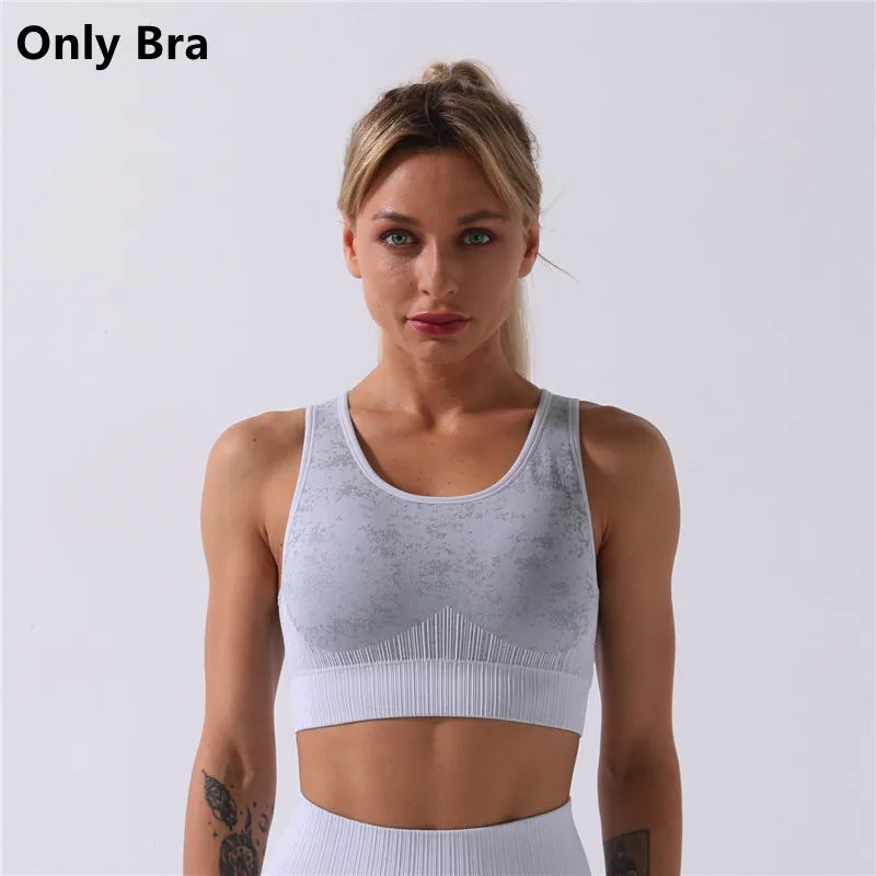 Rid Seamless Yoga Set Women 2pcs Two Piece Long Sleeve Crop Top T-Shirt Leggings Outfit Clothes Gym Wear Fitness Suit Sport Sets Gray Bra