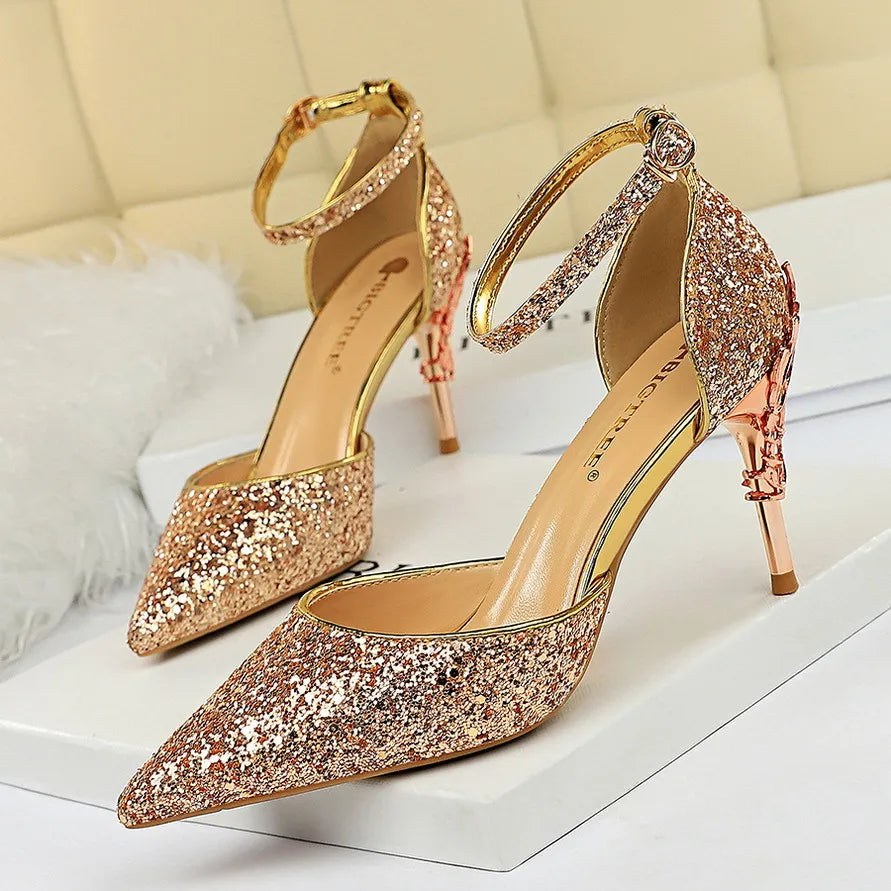 Shoes Heels 2024 New Woman Pumps Sequins High Heels Women Shoes Fashion Ladies Shoes Gold Sliver Stiletto Heels Sandals 328-A5-Champagne