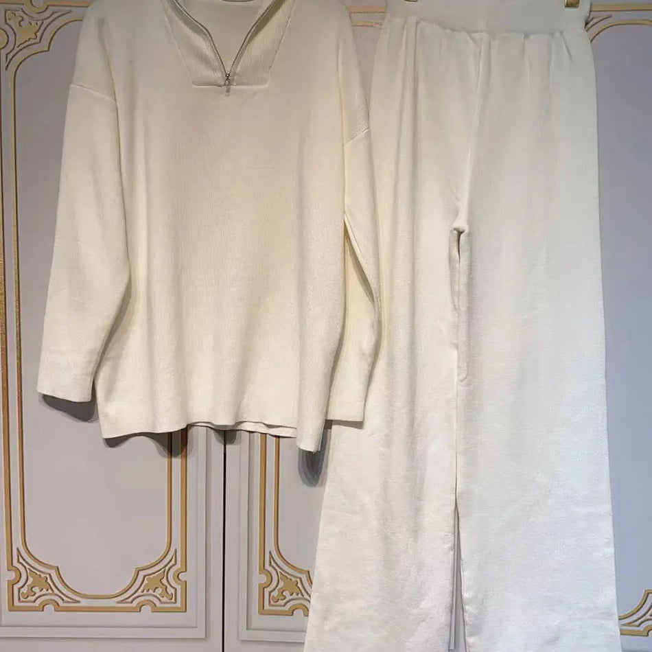 2024 Casual Autumn Loose Knit Sweater Set Fashion Zip Lapel Long Sleeve Pullover Sweater & Straight Pants Two-piece Set WHITE