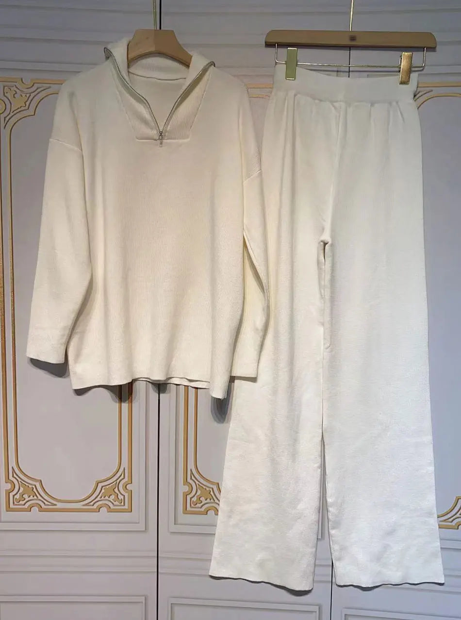 2024 Casual Autumn Loose Knit Sweater Set Fashion Zip Lapel Long Sleeve Pullover Sweater & Straight Pants Two-piece Set WHITE