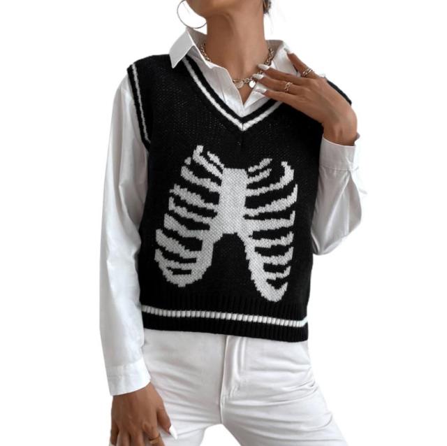 Y2K Oversized Sweater Pullover Ladies Casual Loose Printed Knitted Sweater Retro College Style Halloween Street Fall Winter 2021 20562 black