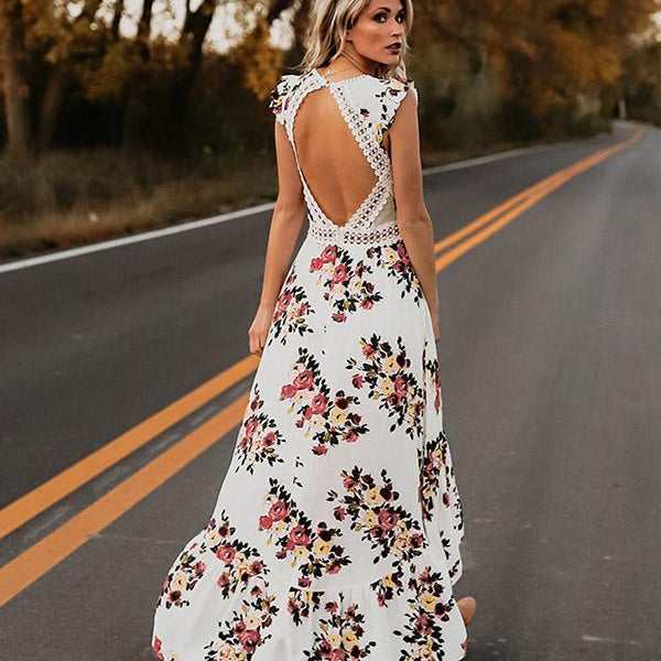 Summer Floral Boho Women Elegant Vintage Long Maxi Dress Sexy Backless Party Beach Dress Sundress White