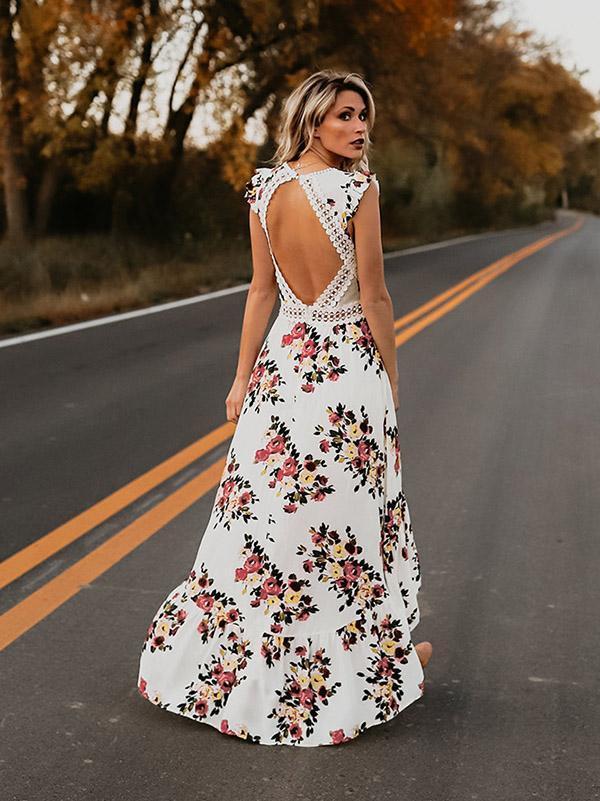 Summer Floral Boho Women Elegant Vintage Long Maxi Dress Sexy Backless Party Beach Dress Sundress White