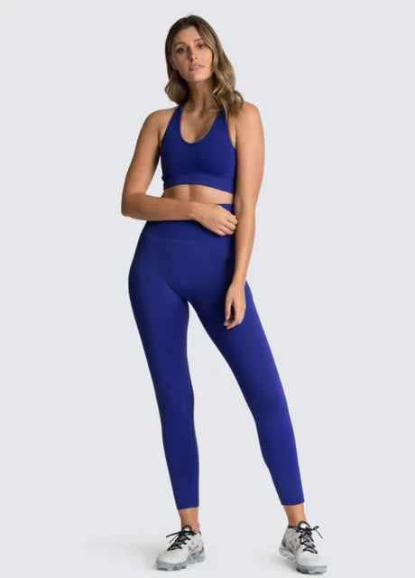 2pcs seamless hyperflex workout sport outfits for women sportswear athletic clothes gym Long Sleeve Crop Top High Waist Leggings blue set