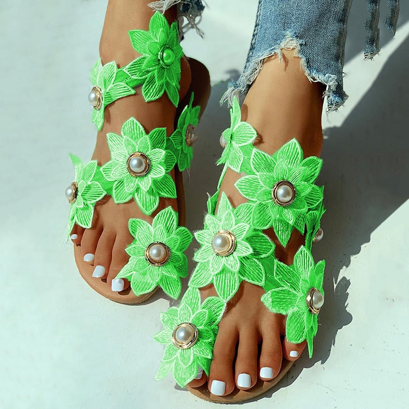 Women Sandals Boho Style Summer Shoes For Women Flat Sandals Beach Shoes 2024 Flowers Flip Flops Chaussures Femme 6 Colors 35-44 Green