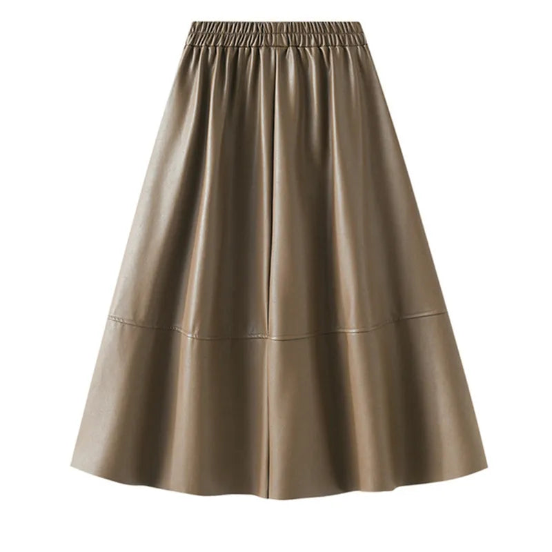 Neophil Korean Style Latex Sarong Women Winter Skirts Solid Retro Pu Faux Leather Umbrella Pockets Gray Midi Skirt S211101 Khaki One Size