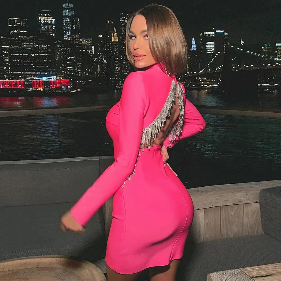 Black Women Bandage Dress High Neck Long Sleeve Sexy Halter Beaded Tassel Dress Bodycon Dress Club Party Dresses rose Red