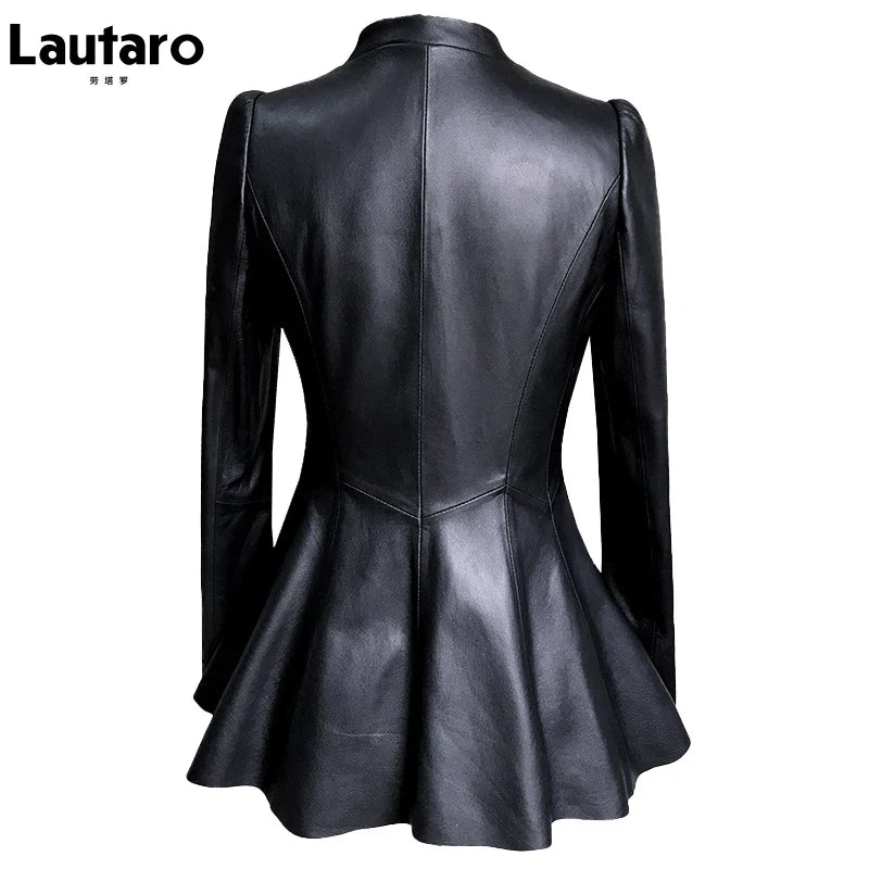 Autumn Black Slim Soft Pu Leather Jacket Women Deep V Neck Long Puff Sleeve Elegant Luxury Skirted Blazer Fashion 2021
