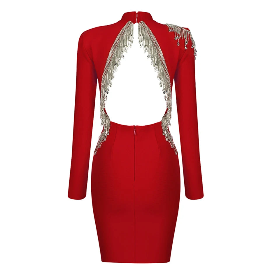 Black Women Bandage Dress High Neck Long Sleeve Sexy Halter Beaded Tassel Dress Bodycon Dress Club Party Dresses red