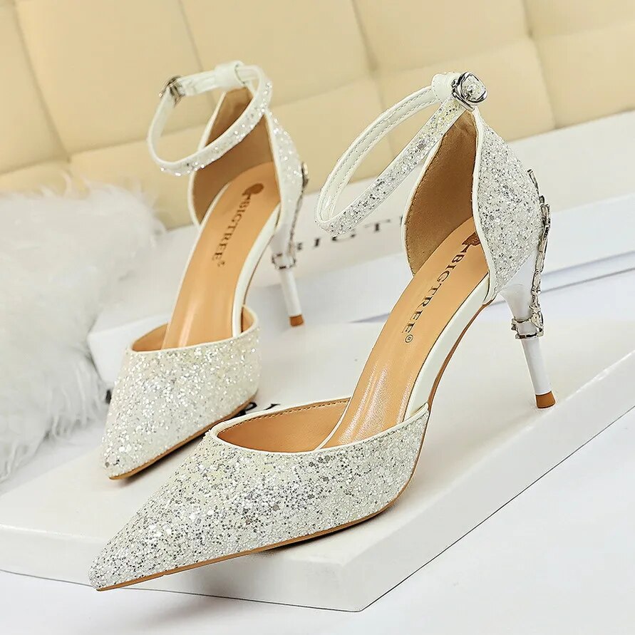 Shoes Heels 2024 New Woman Pumps Sequins High Heels Women Shoes Fashion Ladies Shoes Gold Sliver Stiletto Heels Sandals 238-A5-7.5cm-white