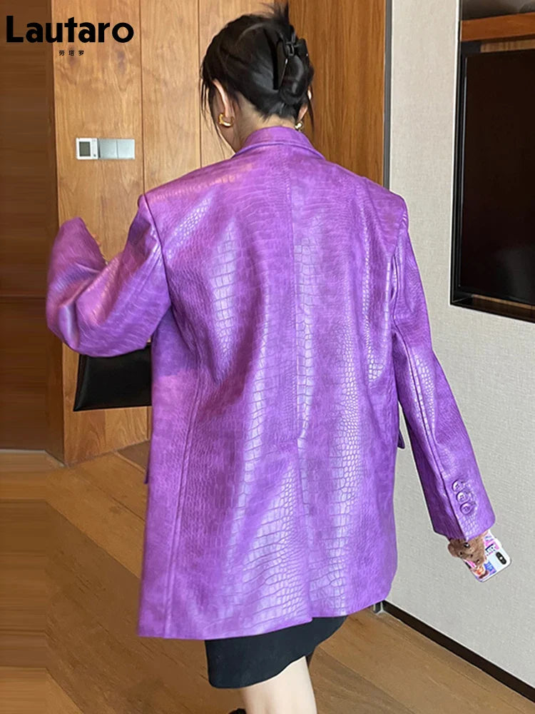 Autumn Oversized Shiny Purple Crocodile Pattern Faux Leather Blazer Women Long Sleeve Double Breasted Y2K Jacket Fashion