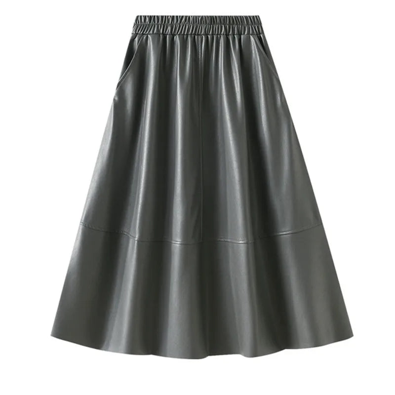 Neophil Korean Style Latex Sarong Women Winter Skirts Solid Retro Pu Faux Leather Umbrella Pockets Gray Midi Skirt S211101