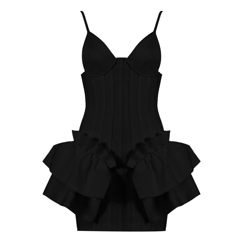 Women White Mini Dress Sexy Spaghetti Strap V Neck Ruffles Dress Celebrity Christmas Party Bandage Vestido black