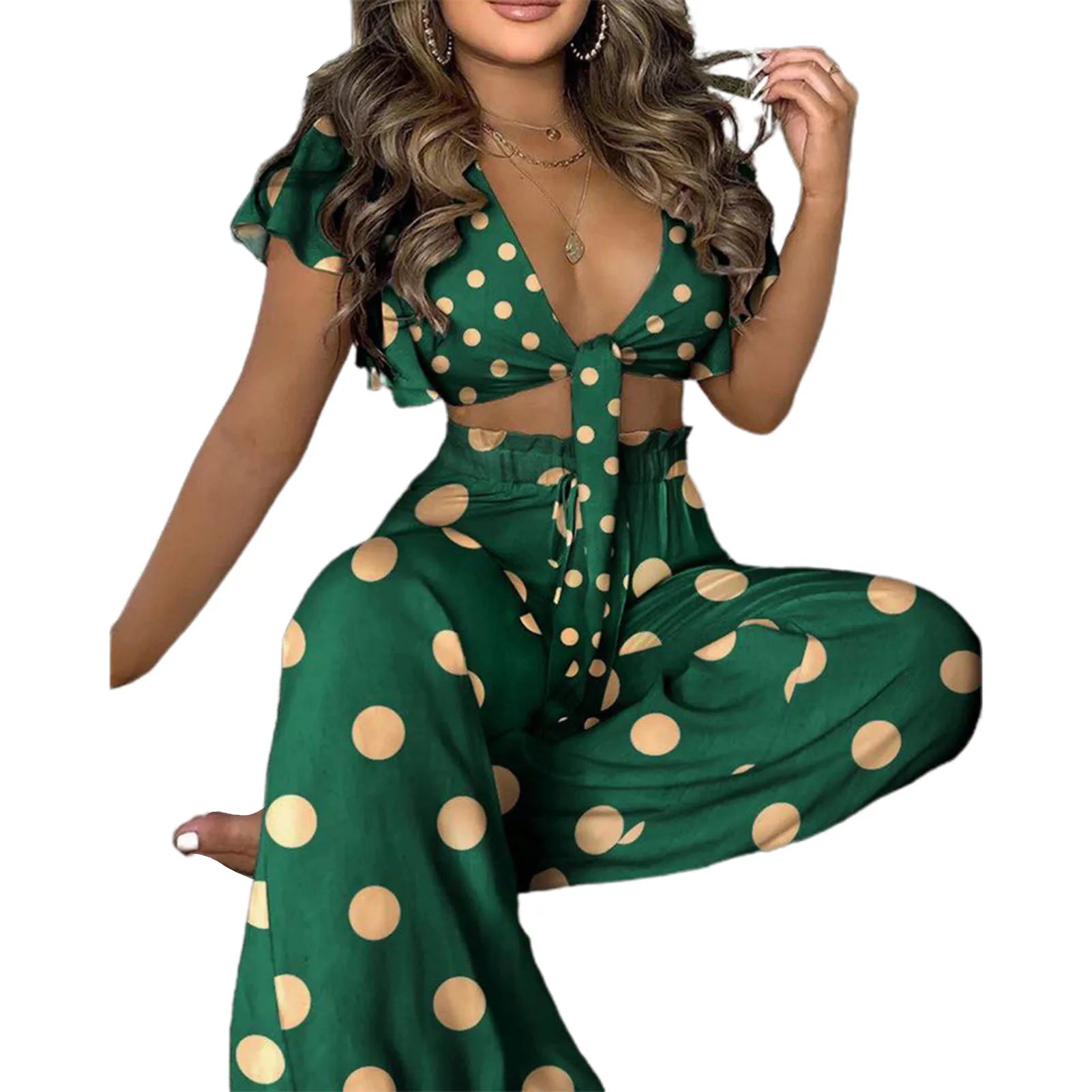 2pcs/Set Boho Outfits Women Pant Suits Vibrant Color Short Sleeve Short Crop Top Loose Long Pants two piece set Women Tracksuits Green