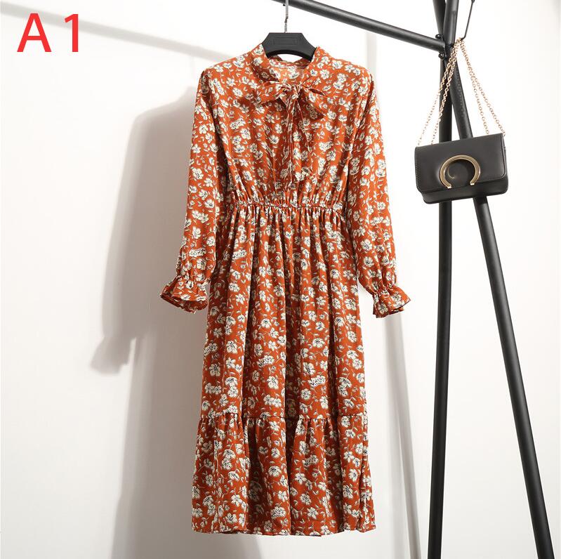 Robe chemise en mousseline de soie, grande taille, vêtements pour femmes, manches longues, nœud rouge, Floral, soirée en Club, automne hiver