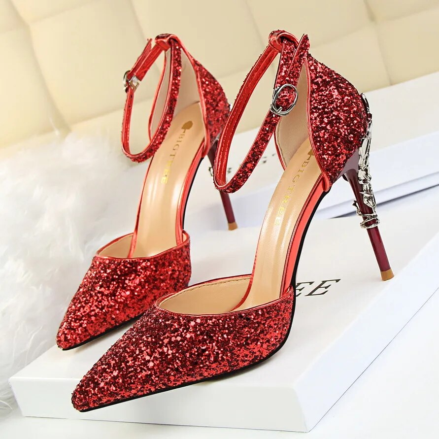 Shoes Heels 2024 New Woman Pumps Sequins High Heels Women Shoes Fashion Ladies Shoes Gold Sliver Stiletto Heels Sandals 238-A5-7.5cm-red