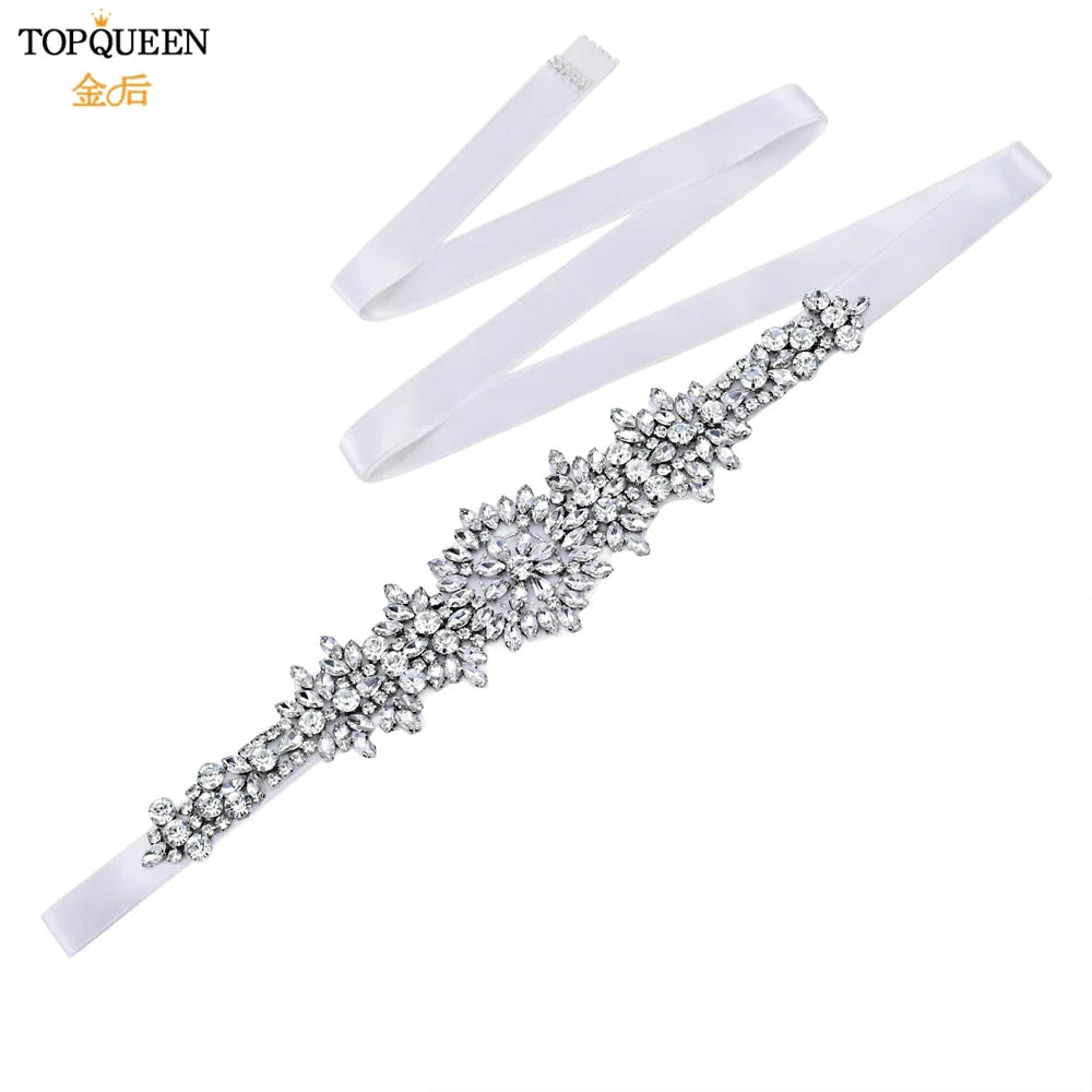 TOPQUEEN S319 Rhinestones Wedding Belt Sparkly Bride Dress Decorative Sash with Stone Jeweled Satin Ribbons Silver Gown Applique White ribbon
