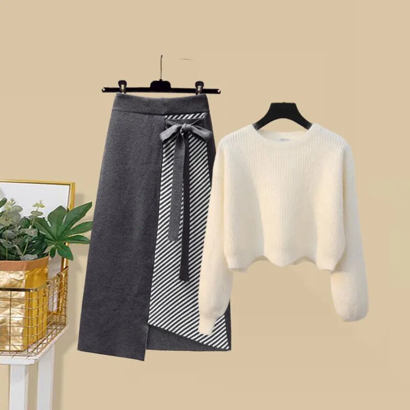 Women Autumn Winter Warm Knitted Two Pieces Sets Korean Long Sleeve Pullover Sweater Top And High Waist Skirts Sets Skirt Two Piece Set 8