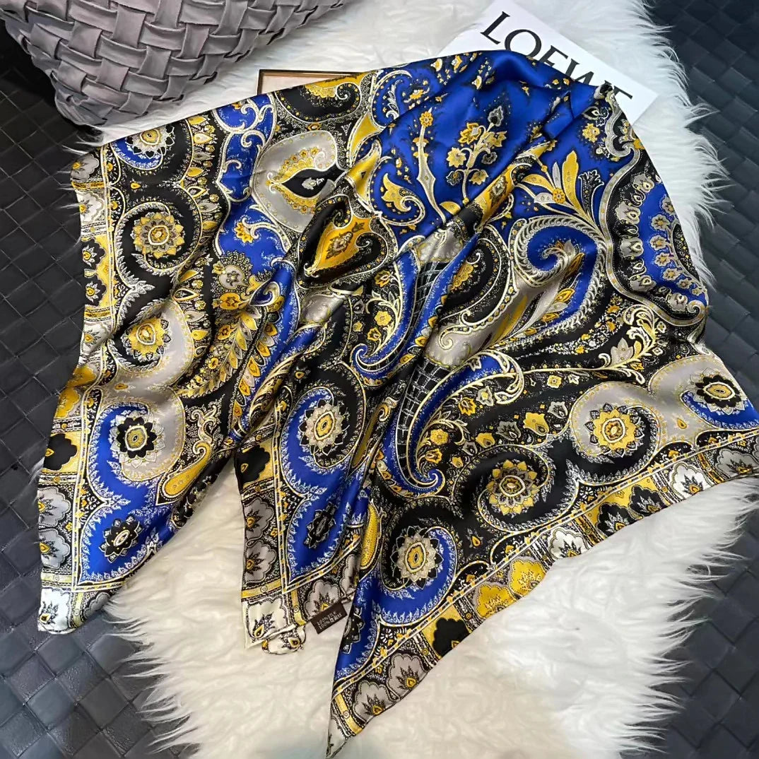 Coffee Gold 100% Mulberry Silk Women's Scarf Bandana Fashion Plaisley Style Square Scarves Hijabs Winter Brand Headscarf Foulard blue yellow