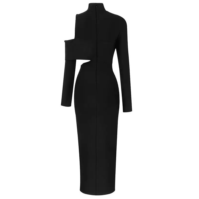 Women's New Slim Elegant Wrap Long Sleeve Hollow Out Sexy Casual High Split High Street Party Club Mid-Calf Dress