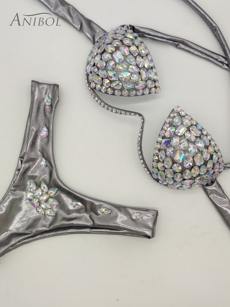 Rhinestone Triangle Bikini Luxury Crystal Diamond Women's Swimsuit Sexy Push Up Gathered Swimwear Biquini Gray