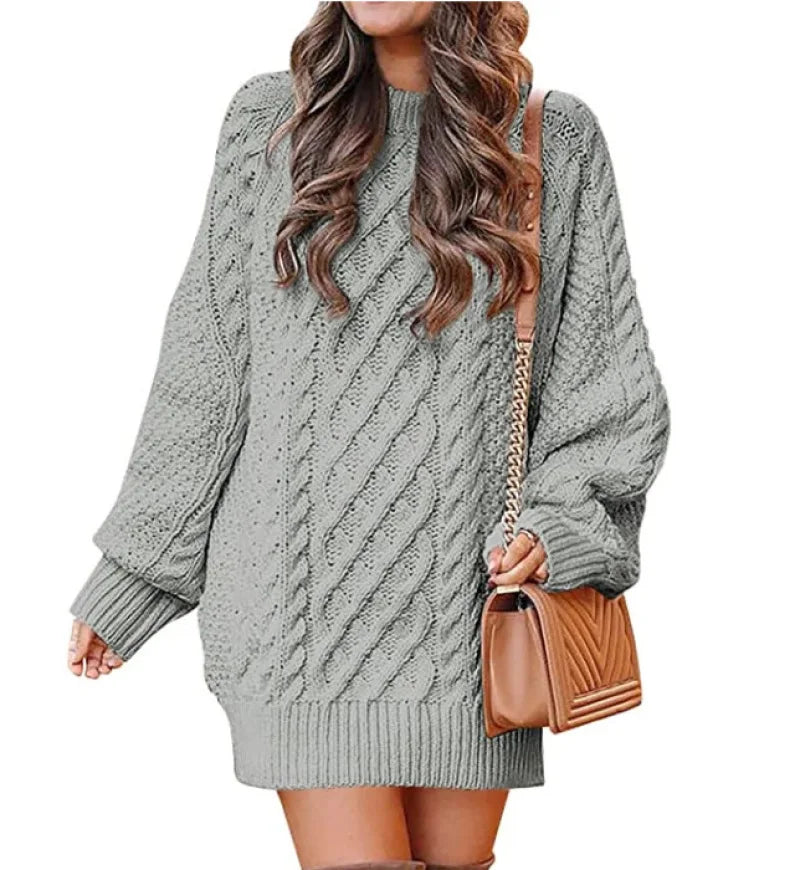 13 Colors Women Crewneck Long Sleeve Oversized Tops Cable Knit Chunky Pullove Thick Autumn and Winter Sweater Dresses Grey