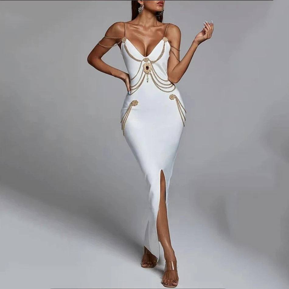 New Black White Chain Spaghetti Strap V-Neck Split Bandage Dress Bodycon Celebrity Club Party Long Dress Vestidos WHITE