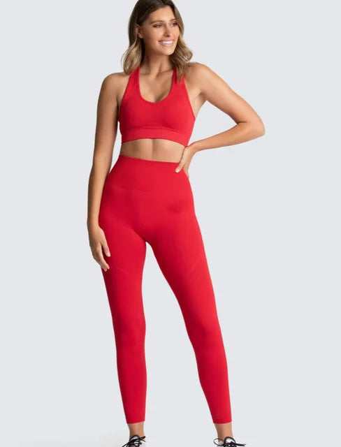 2pcs seamless hyperflex workout sport outfits for women sportswear athletic clothes gym Long Sleeve Crop Top High Waist Leggings Red Yoga Set