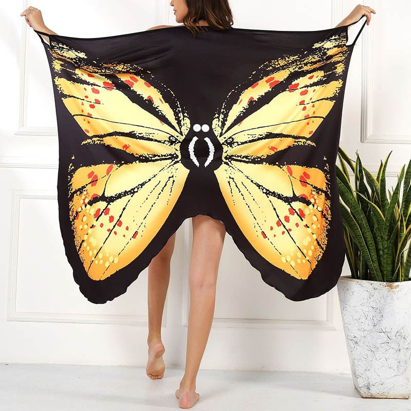 Sexy Butterfly Print Cover Up Swimwear Dress Summer Tunic Bikini Bath Sarong Wrap Skirt Swimsuit Elegant Lady Beachwear 01 Yellow