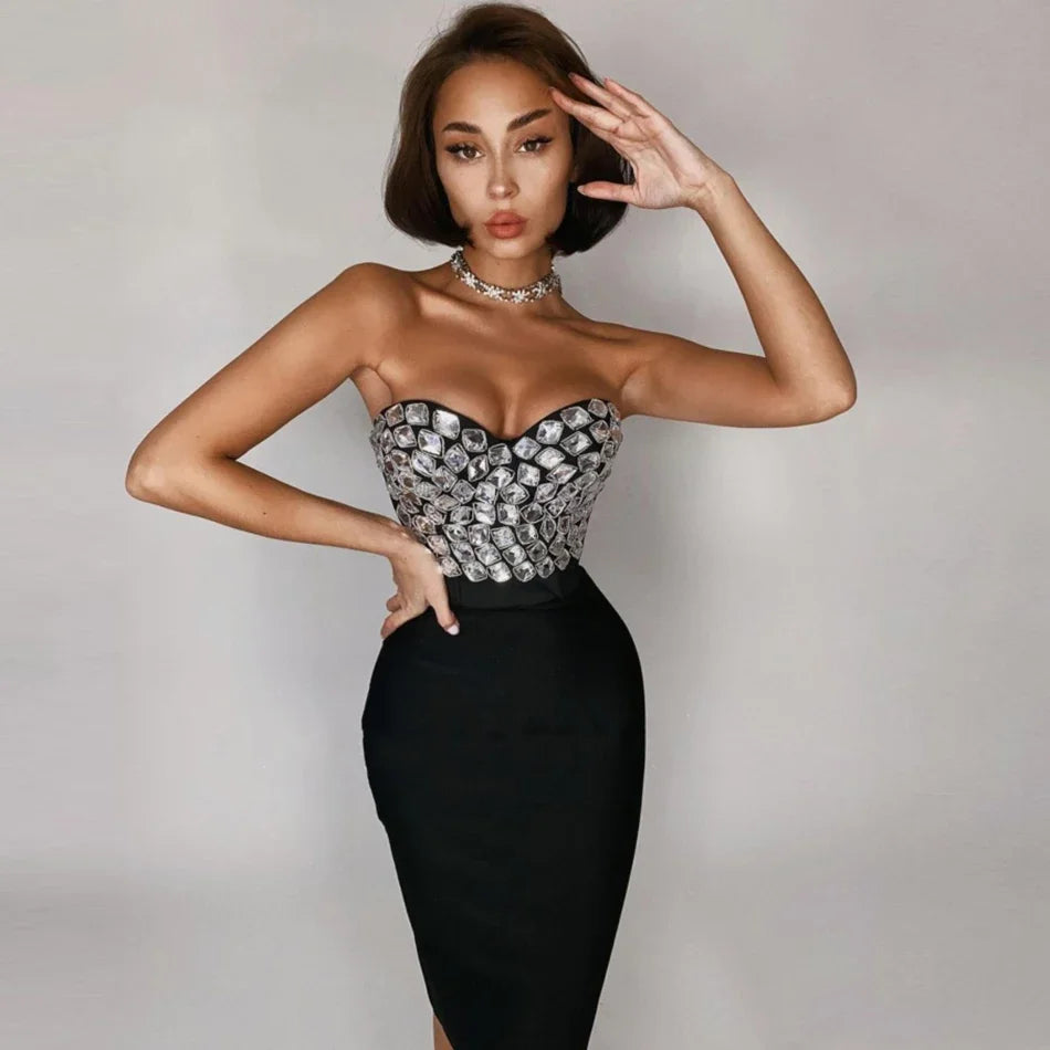 Red Mantual Beading Two Pieces Set Rayon Bandage Elegant Club Party Dress