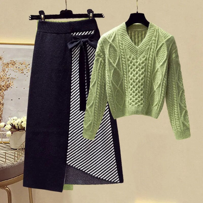 Women Autumn Winter Warm Knitted Two Pieces Sets Korean Long Sleeve Pullover Sweater Top And High Waist Skirts Sets