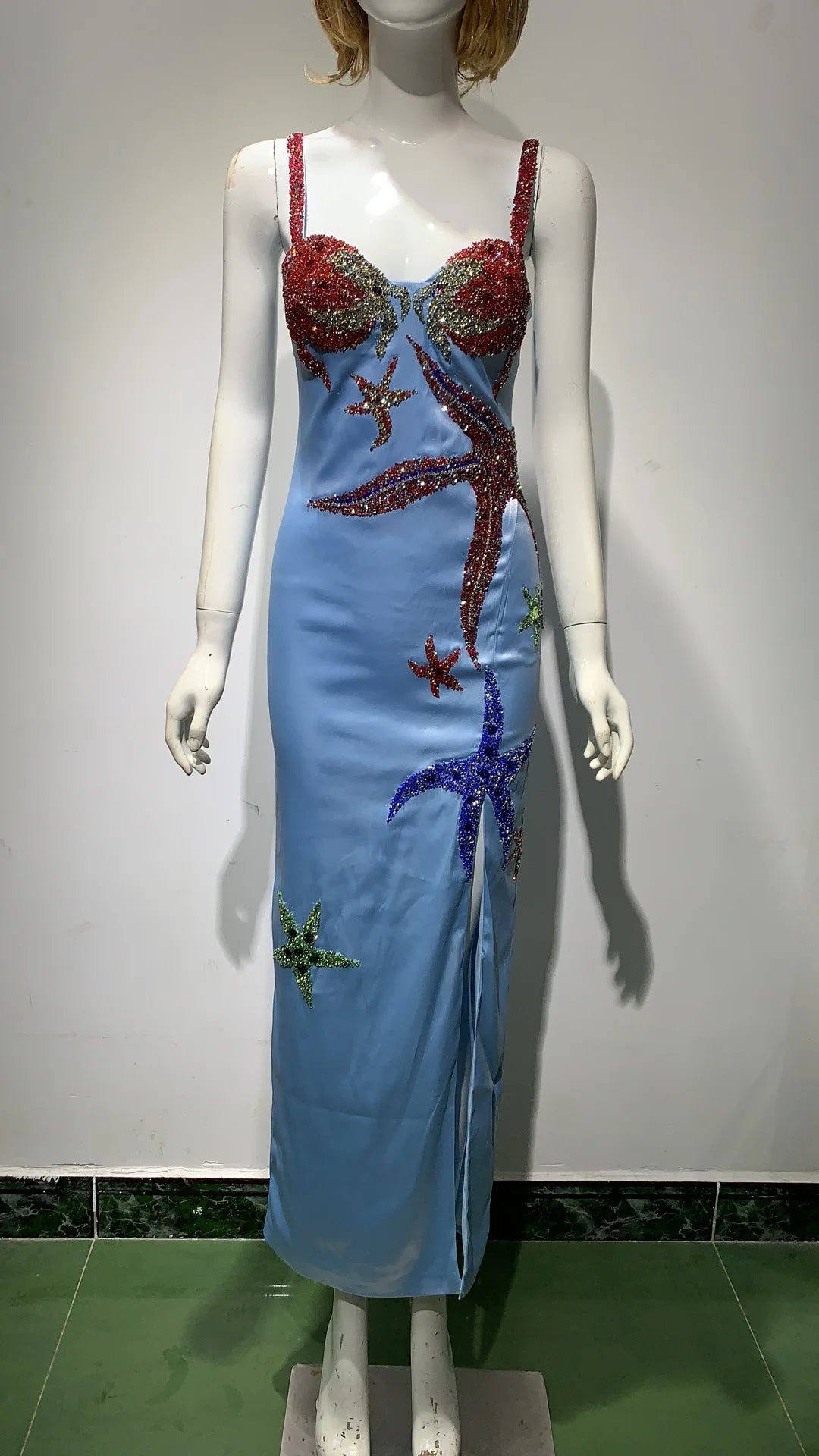 Blue Beaded Sequins Star Slim Sexy Spaghetti Strap Ruffle Celebrity Night Club Party Designer Dress Vestidos