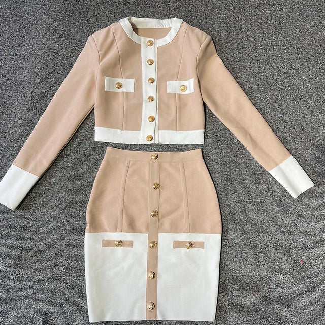 2024 New Patchwork Black White O Neck Long Sleeves With Pockets Buttons Two Pieces Bandage Skirt Women Set Khaki