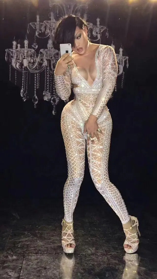 Sexy Stage White Jumpsuit Costume One-piece Nightclub Dance Outfit Party Wear Singer Stage Performance gogo singer Clothes