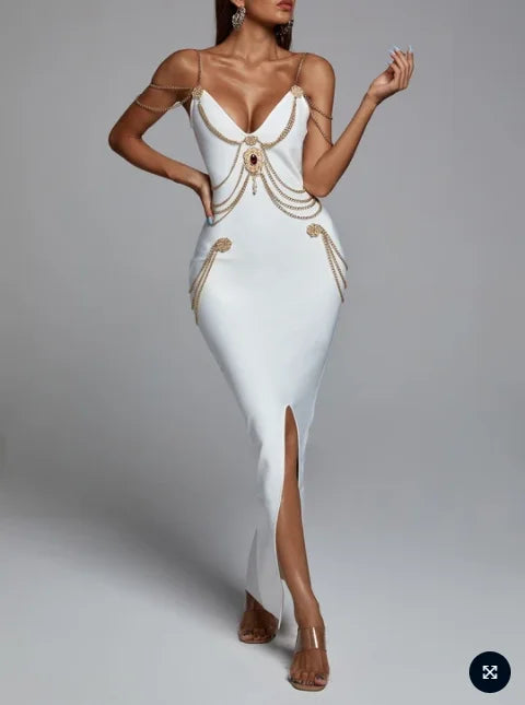 Black White Color Ladies HL Bandage Dress Strap Sexy Rayon Bodycon Long Dress Celebrity Fashion Red Carpet Dress High Quality WHITE