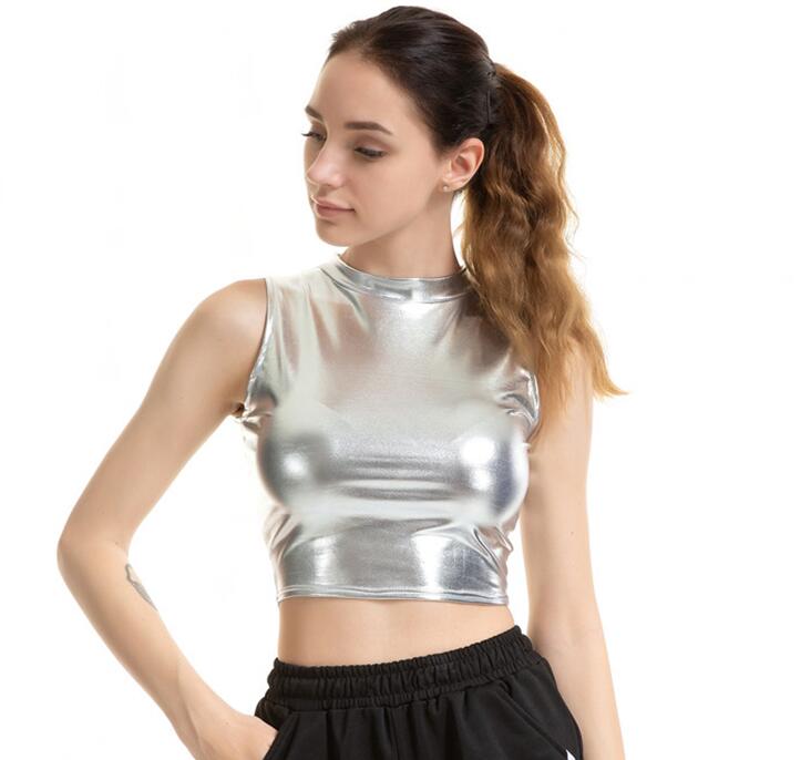 Women Crop Top Shiny Material Leather Sleeveless Vest Sports Tank Tops Gold Silver Shining Colorful Green Red Clothes X004 Silver