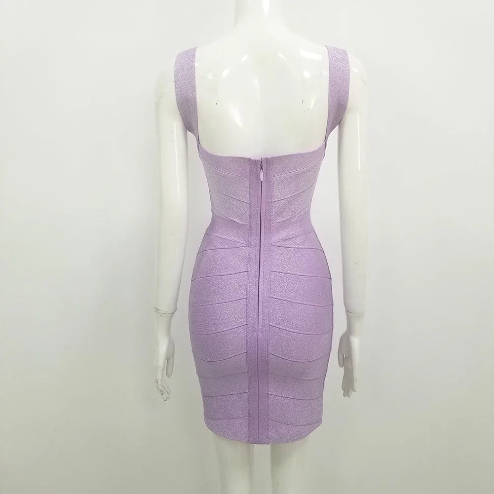 Purple Bright Bodycon Sexy Fashion Rayon Bandage Dress Cute Evening Party Dress Vestidos