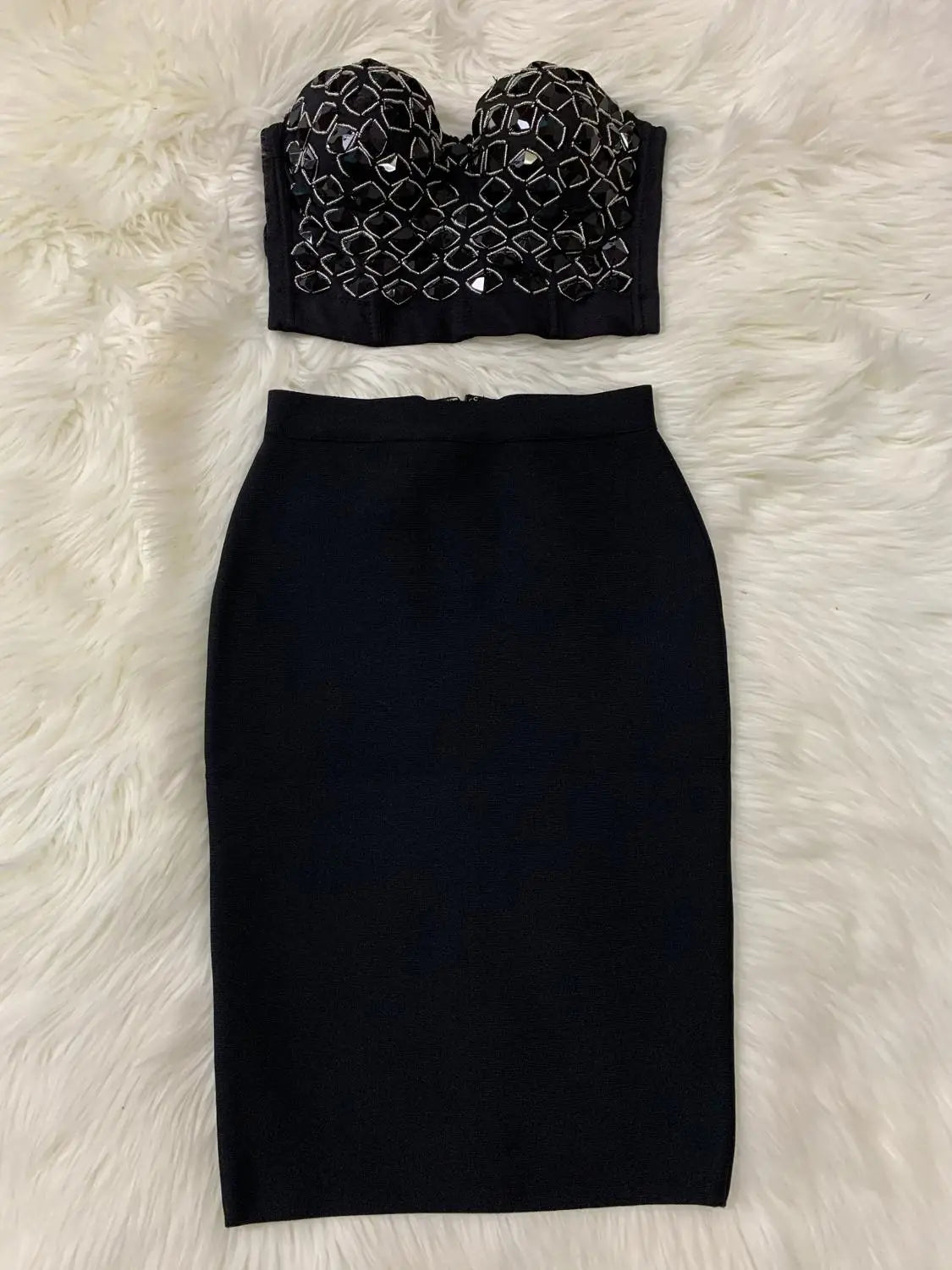 Red Mantual Beading Two Pieces Set Rayon Bandage Elegant Club Party Dress black