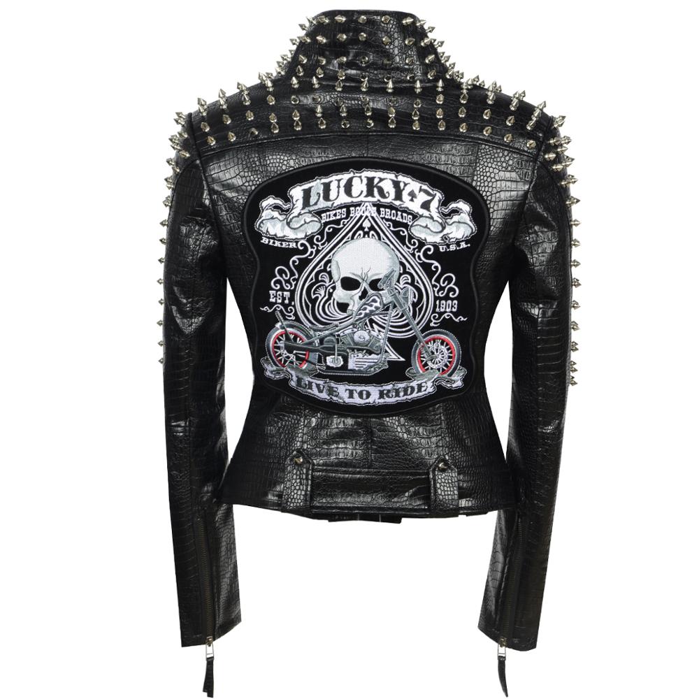 SX 西洋ファッション女性クラブホットスタイルスタッドスリムフィットジャケットショルダーリベットジップステッチショート PU レザーロックコート
