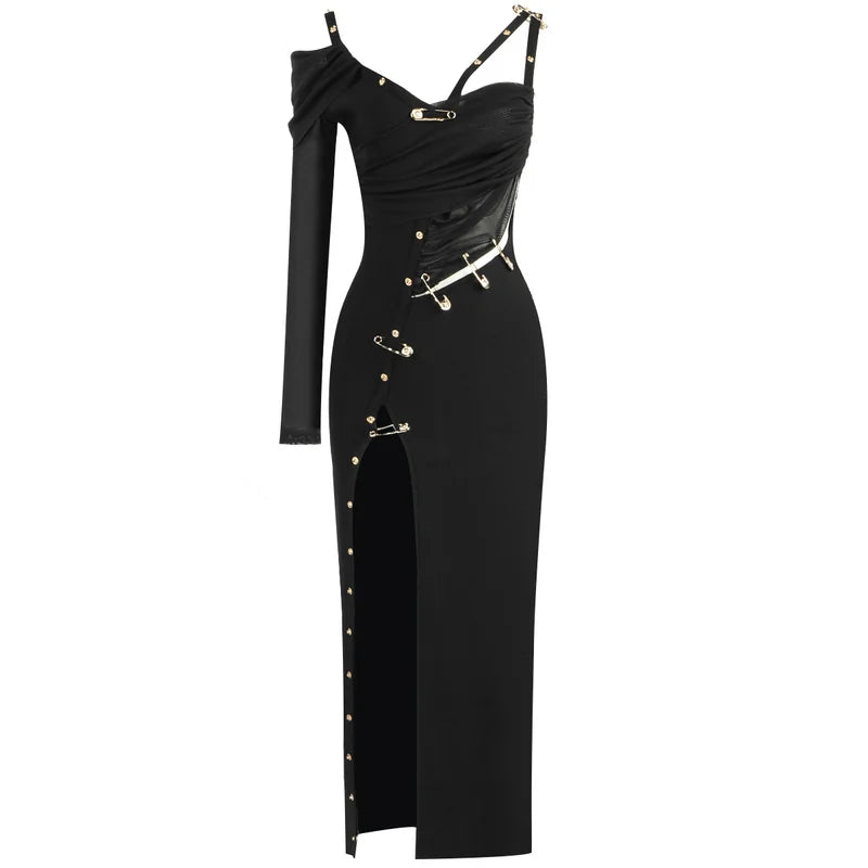 2021 New Women's Black Long Sleeve One Shoulder Open Fork Rayon Bandage Dress Party Bodycon Long Dress Vestidos black